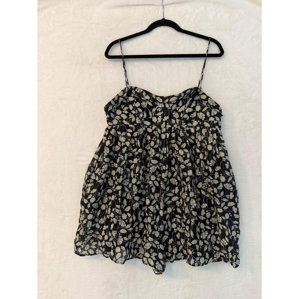 Zara Floral Romper Womens XL NWT Black White Silver Metallic Stripe Cami Shorts